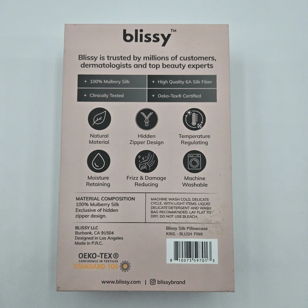 NWT Blissy Mulberry Silk Pillowcase, Blush Pink, Standard/Queen or King Size